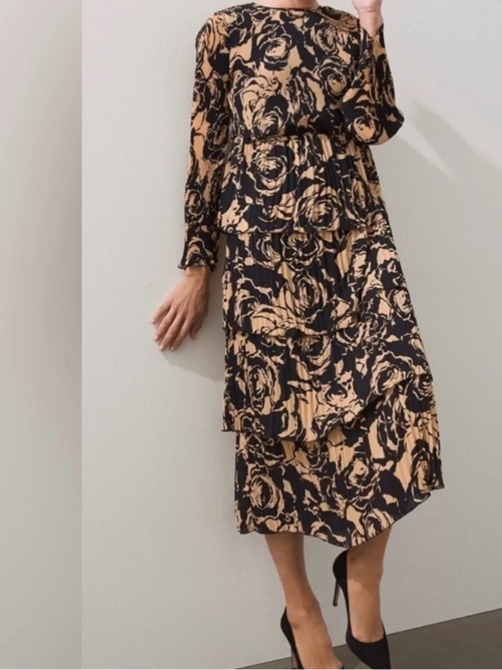 Chico's Black and Gold Floral Pleated Maxi Dress